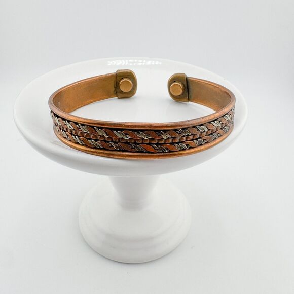 Vintage Copper Magnetic Cuff Bracelet Woven Brass Silver Tone Mixed Metal Retro - Picture 7 of 9
